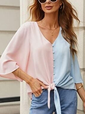 Two-Tone Pink & Blue Tie-Front V-Neck Blouse by